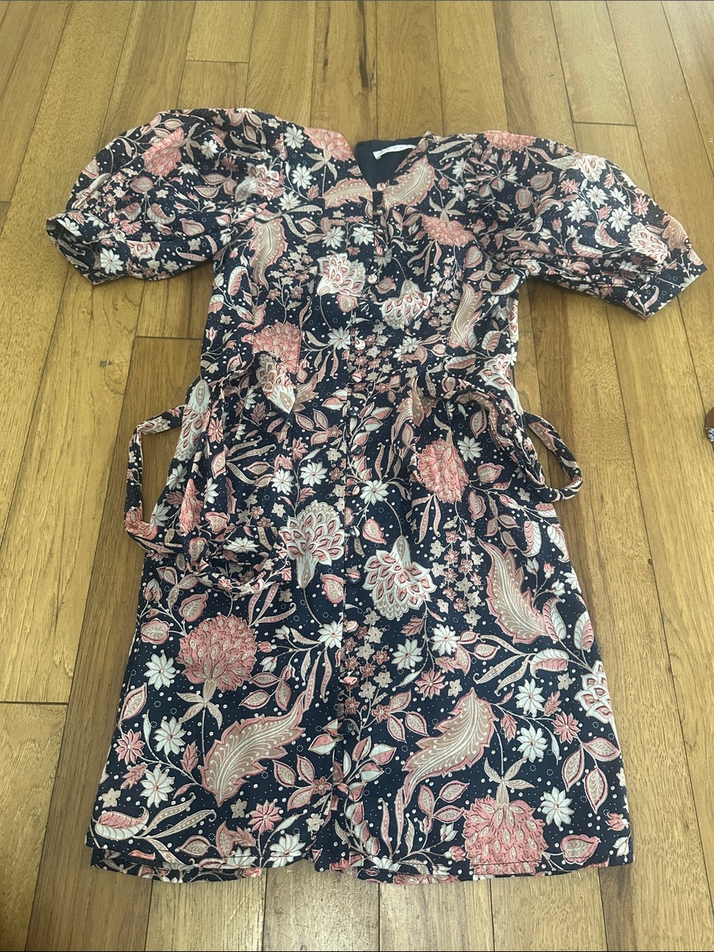 Karlie Navy Floral Puff-Sleeve Tie-Waist Dress
